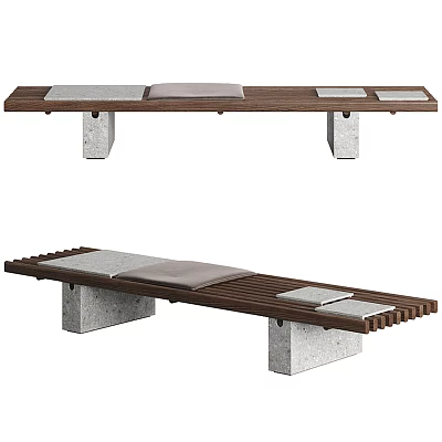 Public Bench With Wooden Slats Concrete Supports And Gray Cushions 3d model