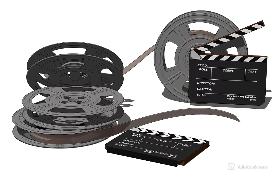 Vintage Film Themed Decorative Ornament Set With Reels And Clapperboard 3d model 