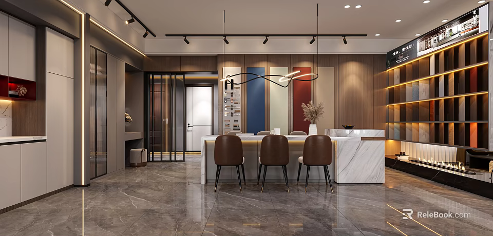 Modern Showroom Interior With Marble Countertop Brown Chairs Colorful Panels And Track Lighting 3d model 