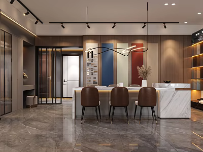 Modern Showroom Interior With Marble Countertop Brown Chairs Colorful Panels And Track Lighting 3d model