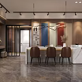 Modern Showroom Interior With Marble Countertop Brown Chairs Colorful Panels And Track Lighting