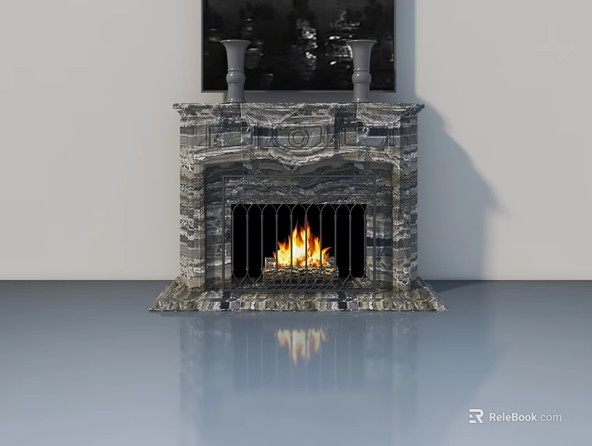 Marble Fireplace Swing Door With Burning Flames And Decorative Vases Above 3d model 