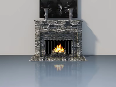 Marble Fireplace Swing Door With Burning Flames And Decorative Vases Above 3d model