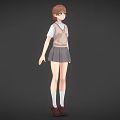 Young woman standing in school uniform with sweater vest white shirt and pleated skirt