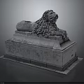 Reclining Stone Lion Sculpture With Detailed Mane On Rectangular Pedestal And Smooth Base 3d model