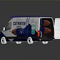 White and Blue Cutwater Spirits Delivery Van with Roof Rack and Beverage Cans Design