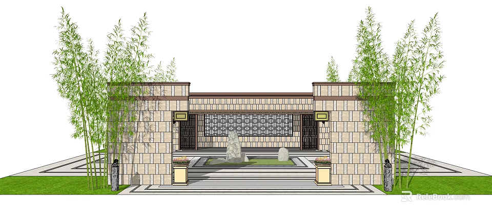 Chinese Style Scenic Wall With Stone Grid Design And Courtyard Fountain Bamboo And Steps 3d model 