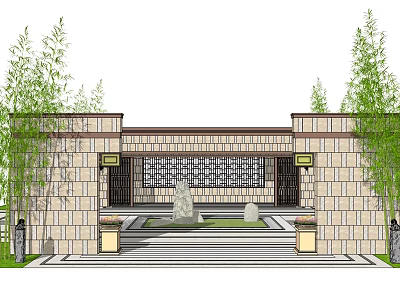 Chinese Style Scenic Wall With Stone Grid Design And Courtyard Fountain Bamboo And Steps 3d model