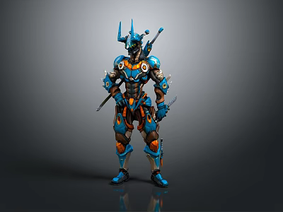 Sci Fi Warrior Character In Blue And Orange Mechanical Armor With Spiked Helmet And Weapons 3d model