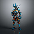 Sci Fi Warrior Character In Blue And Orange Mechanical Armor With Spiked Helmet And Weapons