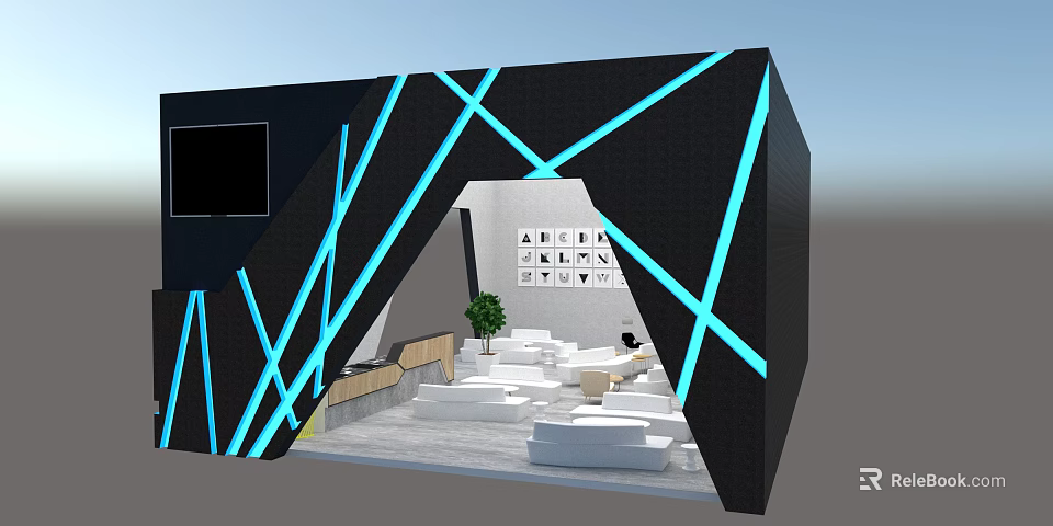 Modern Exhibition Space Design With Black Blue Lines White Sofas And Decorative Paintings 3d model 