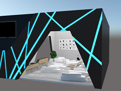 Modern Exhibition Space Design With Black Blue Lines White Sofas And Decorative Paintings 3d model