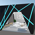 Modern Exhibition Space Design With Black Blue Lines White Sofas And Decorative Paintings 3d model