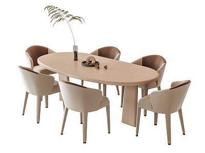 Oval Light Wood Dining Table Set With Six Beige Chairs Vase And Green Plant 3d model