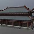 Ancient Chinese Architecture Two Story With Overhanging Eaves Dark Tiled Roof Red Pillars Stone Steps