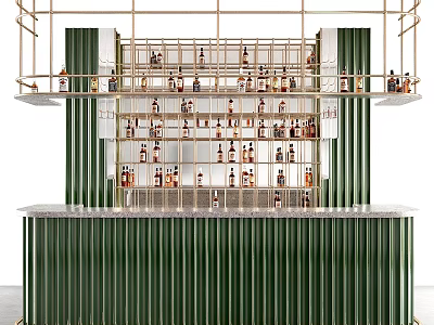 Modern Luxury Bar Counter With Green Panel And Brass Frame Shelves Displaying Wine Bottles 3d model