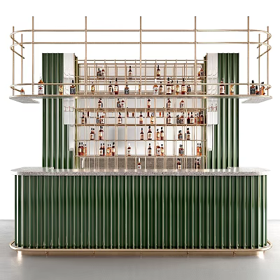Modern Luxury Bar Counter With Green Panel And Brass Frame Shelves Displaying Wine Bottles 3d model