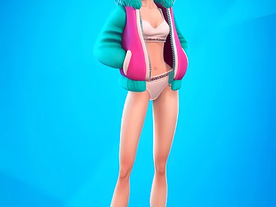 A woman wearing pink and teal fur lined hoodie with light bikini against blue background 3d model