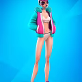 A woman wearing pink and teal fur lined hoodie with light bikini against blue background
