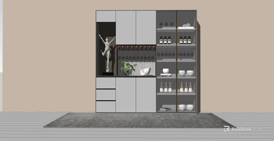 Modern Wine Cabinet With Glass Doors Storage Shelves Decorative Sculpture And Green Plants 3d model 