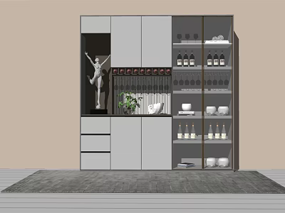 Modern Wine Cabinet With Glass Doors Storage Shelves Decorative Sculpture And Green Plants 3d model