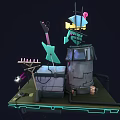 Cartoon Scene With 24h Cafe Neon Sign Green Guitar Old House And Platform Steps