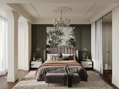 Elegant Bedroom With Dark Green Walls Tropical Plant Mural Purple Headboard And Chandelier 3d model