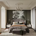 Elegant Bedroom With Dark Green Walls Tropical Plant Mural Purple Headboard And Chandelier