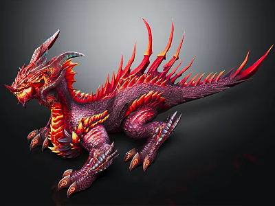 Red and Purple Mythical Dragon with Spiked Back and Flame Accents as Fantasy Creature 3d model
