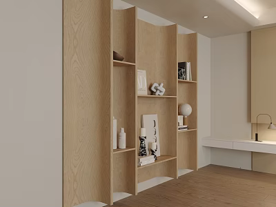 Modern Minimalist Bedroom With Wooden Open Bookshelf Wall White Desk And Table Lamp 3d model