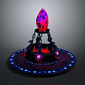 Futuristic Flame Shaped Structure With Circular Base Blue Purple Lights And Black Chain Details