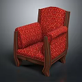 Elegant Red Upholstered Chair With Wooden Armrests Legs And Diamond Pattern