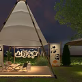 Scenic Outdoor Photo Check In Spot With Canvas Tent Wooden Deck Seating And Green Grass