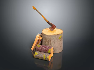 Fresh Tree Stump Display With Axe And Chopped Wood Logs On Dark Background 3d model