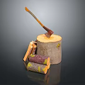 Fresh Tree Stump Display With Axe And Chopped Wood Logs On Dark Background
