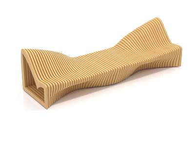Modern Wooden Public Bench With Curved Striped Design For Outdoor Areas 3d model