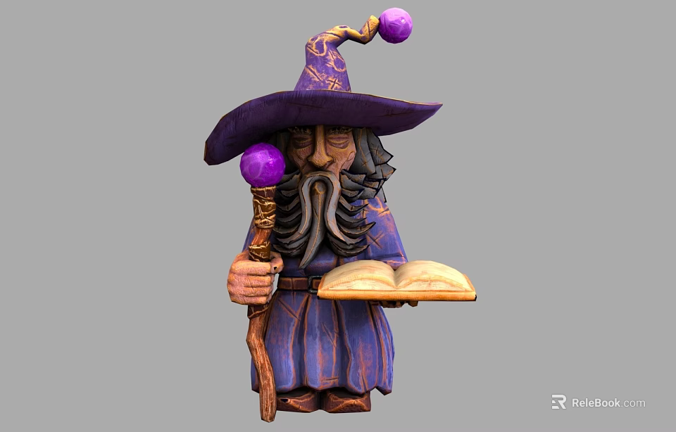 Detailed Handcrafted Wizard Sculpture Carving With Purple Hat Staff And Open Book 3d model 