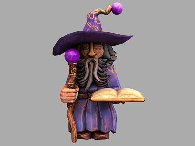 Detailed Handcrafted Wizard Sculpture Carving With Purple Hat Staff And Open Book 3d model