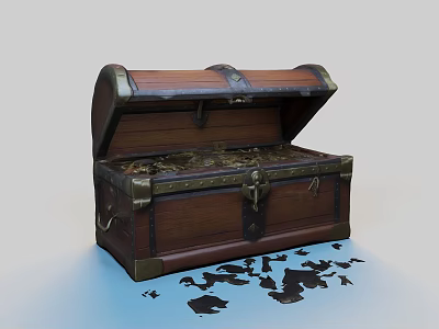 Open Wooden Chest Filled With Gold Coins And Scattered Black Objects 3d model