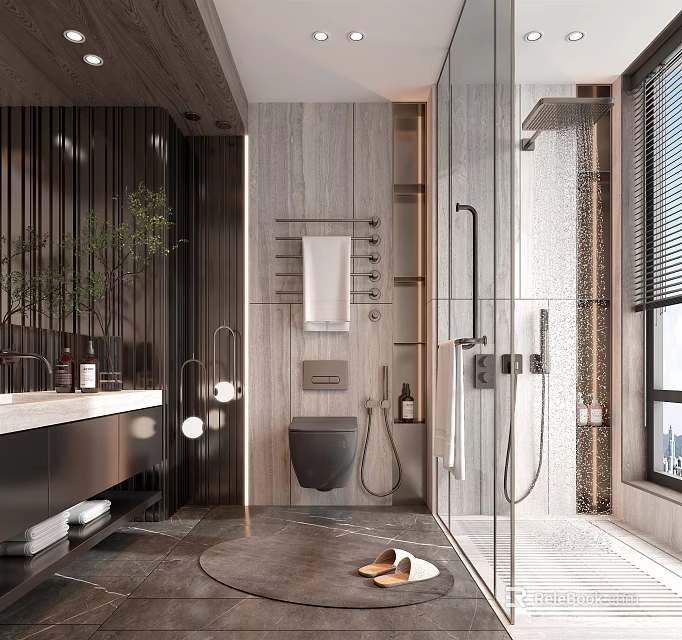Modern Bathroom Interior Design With Stone Walls Shower Toilet Vanity And Green Plant 3d model 