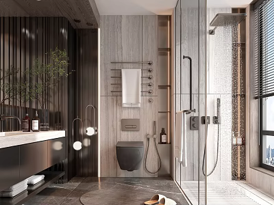 Modern Bathroom Interior Design With Stone Walls Shower Toilet Vanity And Green Plant 3d model