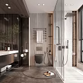 Modern Bathroom Interior Design With Stone Walls Shower Toilet Vanity And Green Plant
