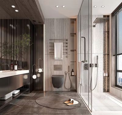 Modern Bathroom Interior Design With Stone Walls Shower Toilet Vanity And Green Plant 3d model