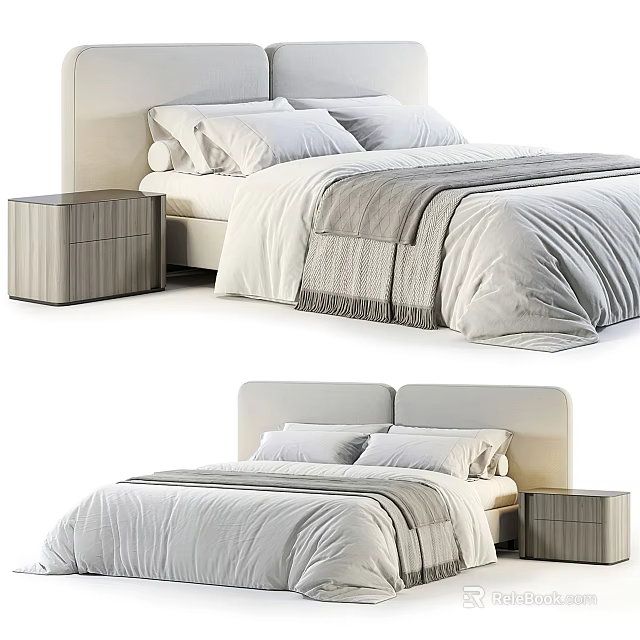Modern Double Bed Design With White Gray Bedding And Wooden Nightstand 3d model 