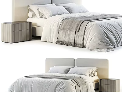 Modern Double Bed Design With White Gray Bedding And Wooden Nightstand 3d model