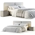 Modern Double Bed Design With White Gray Bedding And Wooden Nightstand