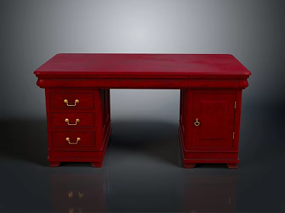 Classic Red Wooden Desk Featuring Three Drawers Single Cabinet And Golden Handles 3d model