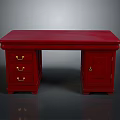Classic Red Wooden Desk Featuring Three Drawers Single Cabinet And Golden Handles
