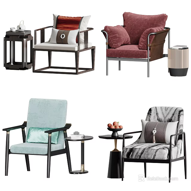 Casual Sofa Set with Various Style Chairs Pillows Side Tables and Decorative Elements 3d model