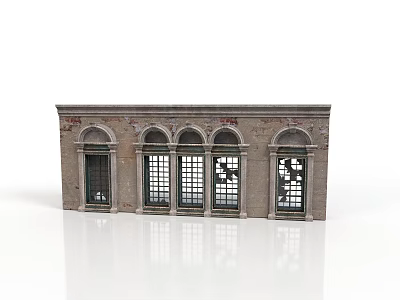 Vintage Brick Building With Five Arched Windows And Door Openings 3d model
